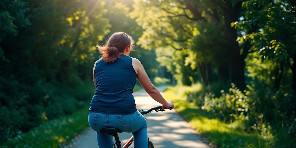 Fahrradfahrerin genießt sonnigen Weg.