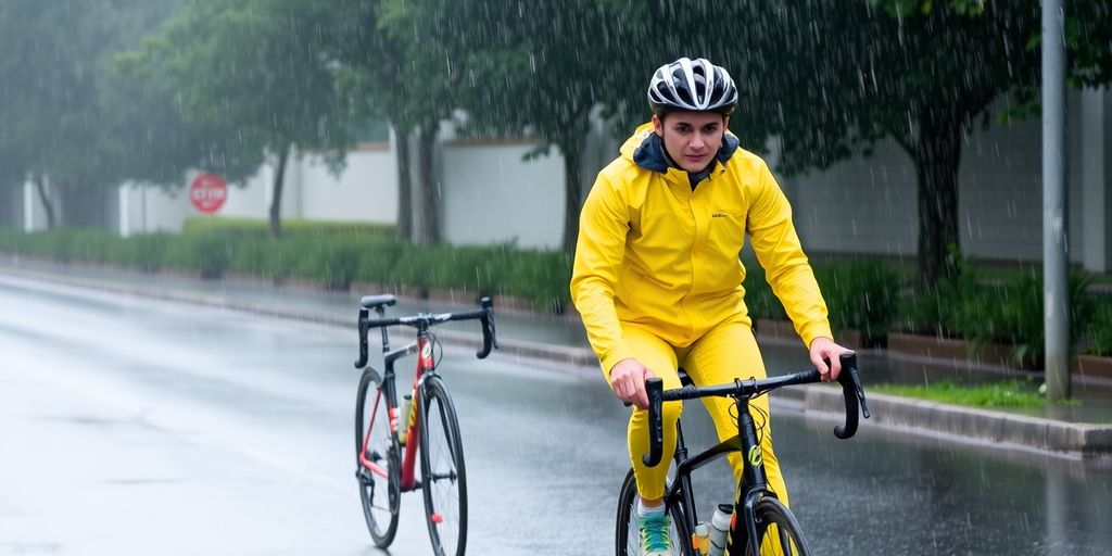 Fahrradfahrer in Regenkleidung fährt bei strömendem Regen.