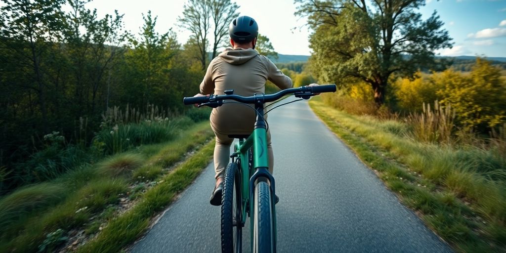 Fahrradfahrer auf einem Feldweg mit bergigem Hintergrund.