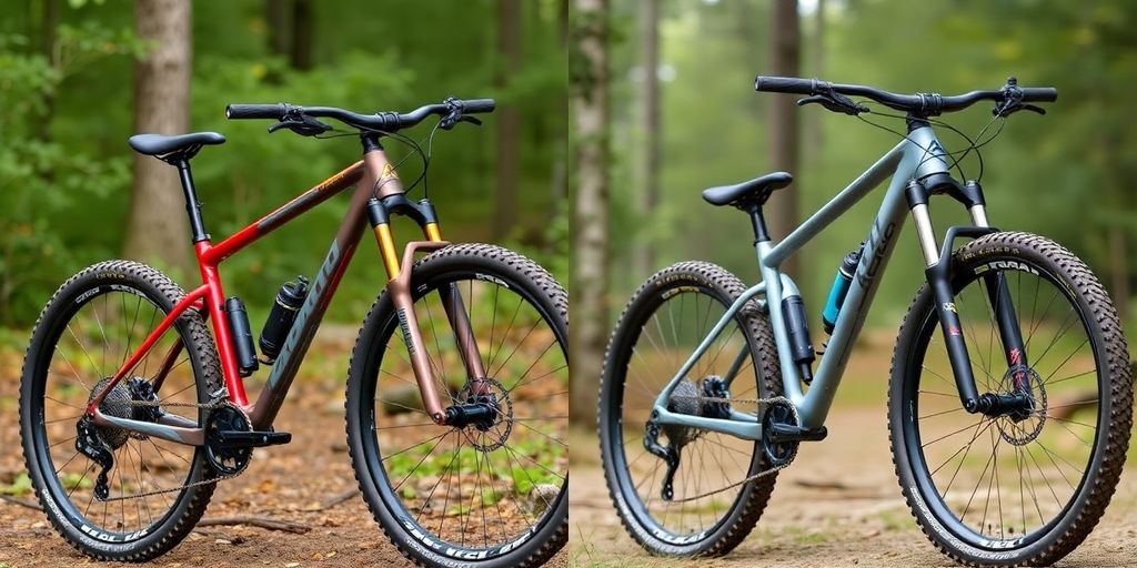 Zwei Mountainbikes, Hardtail und Fully, nebeneinander im Wald.