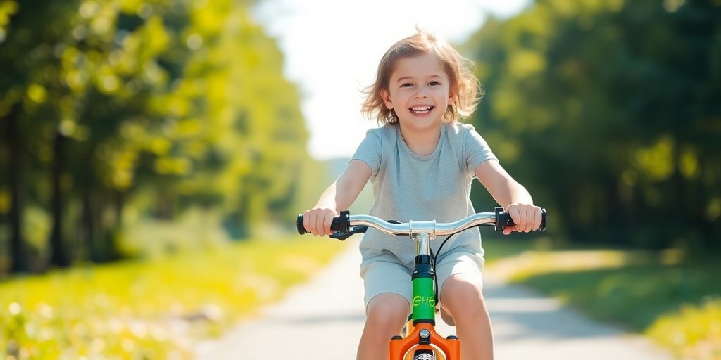 Glückliches Kind fährt Fahrrad auf sonnigem Weg.