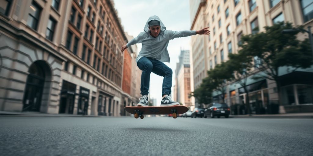 Skateboarder fährt auf einer Straße.