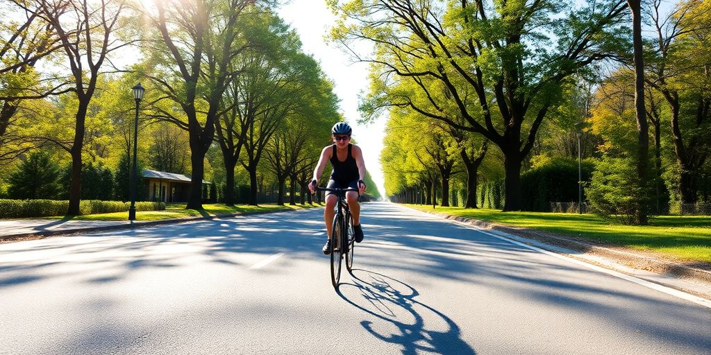 Radfahrer auf einer sonnigen Straße mit Bäumen