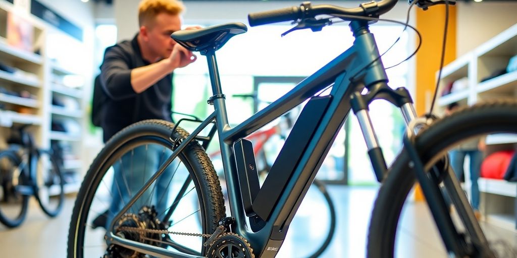 Mann testet E-Bike in einem Geschäft.