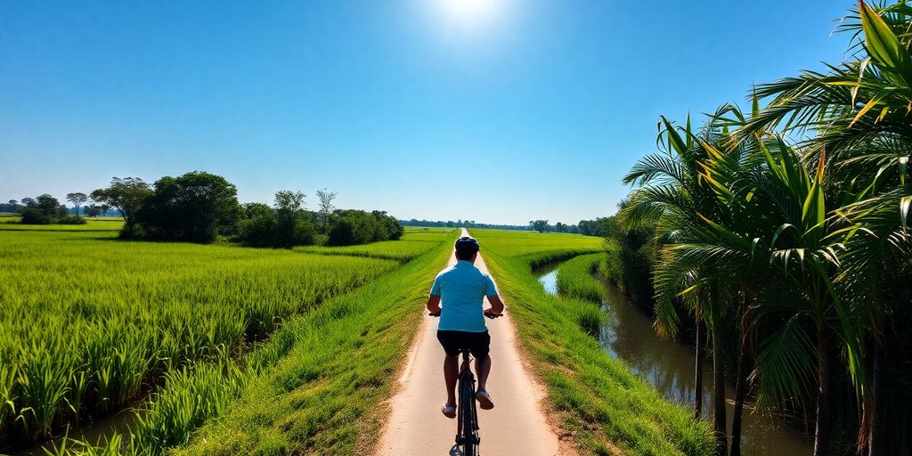 Fahrradfahrer im Po Delta mit Blick auf Wasserwege und Vegetation.